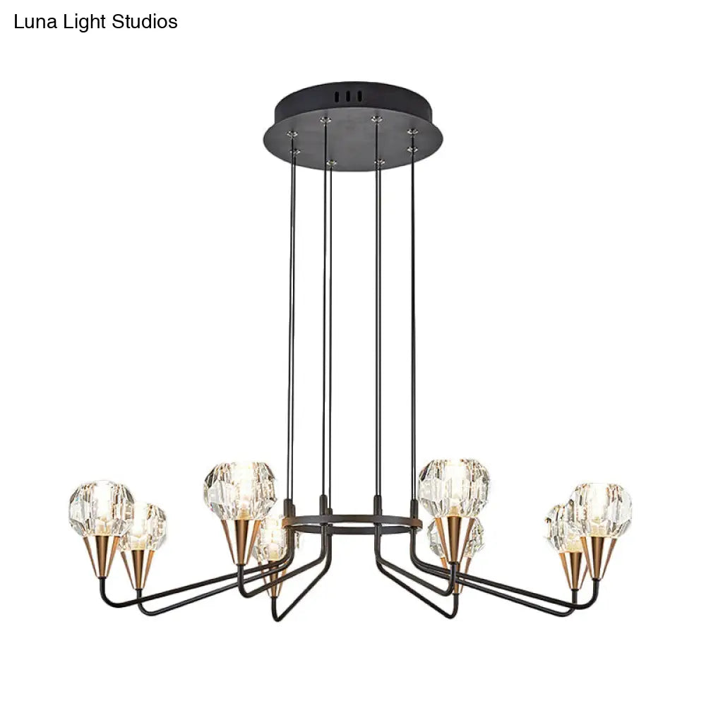 Minimalist Black Chandelier With Round Faceted Crystal Shade - 6/8 Bulb Living Room Suspension Light