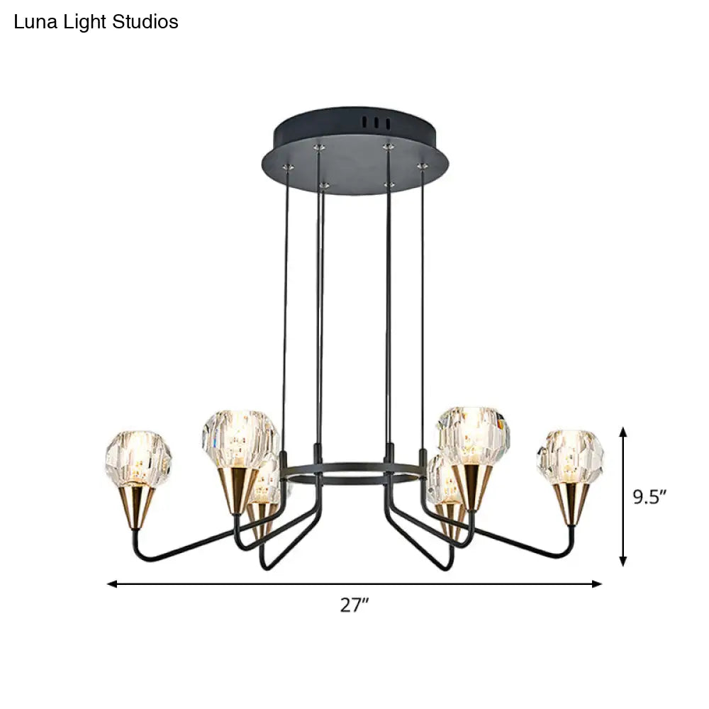 Minimalist Black Chandelier With Round Crystal Shade- 6/8 Bulbs Living Room Suspension Light