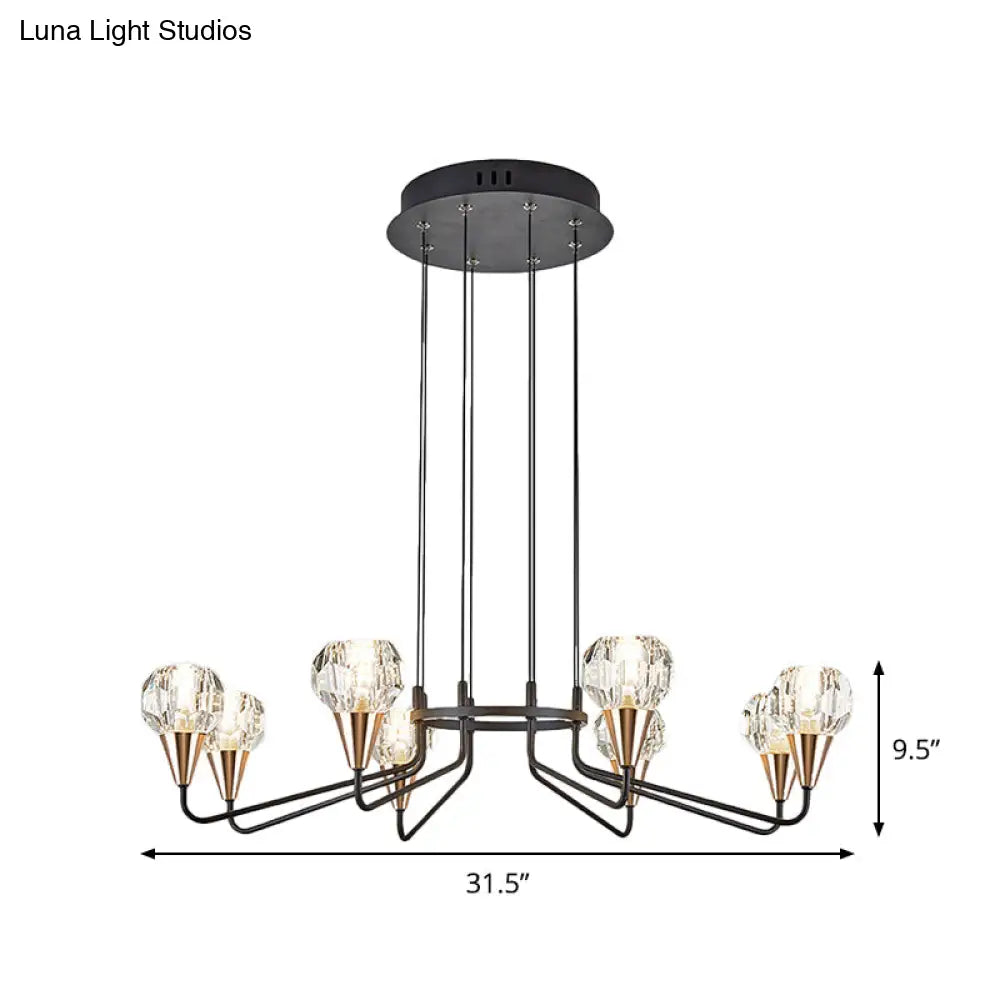 Minimalist Black Chandelier With Round Crystal Shade- 6/8 Bulbs Living Room Suspension Light