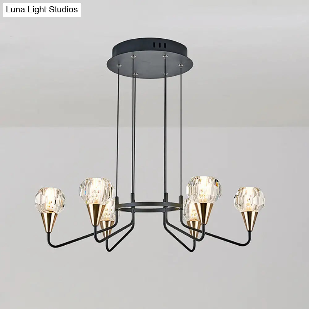 Minimalist Black Chandelier With Round Faceted Crystal Shade - 6/8 Bulb Living Room Suspension Light