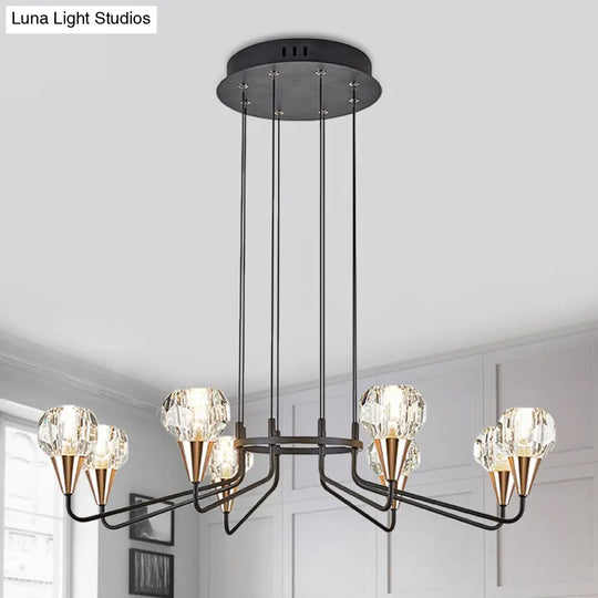 Minimalist Black Chandelier With Round Faceted Crystal Shade - 6/8 Bulb Living Room Suspension Light