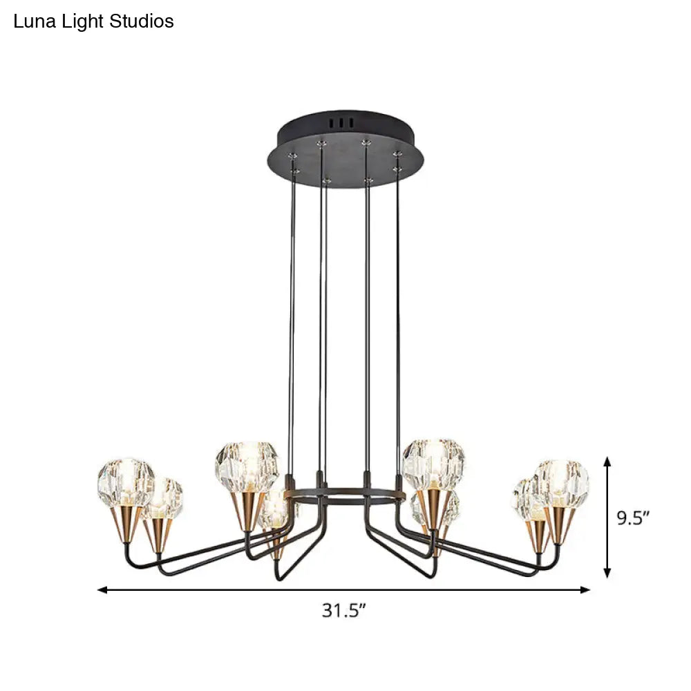 Minimalist Black Chandelier With Round Faceted Crystal Shade - 6/8 Bulb Living Room Suspension Light