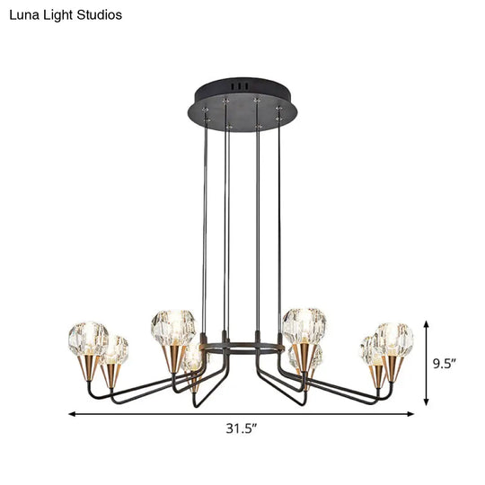 Minimalist Black Chandelier With Round Faceted Crystal Shade - 6/8 Bulb Living Room Suspension Light