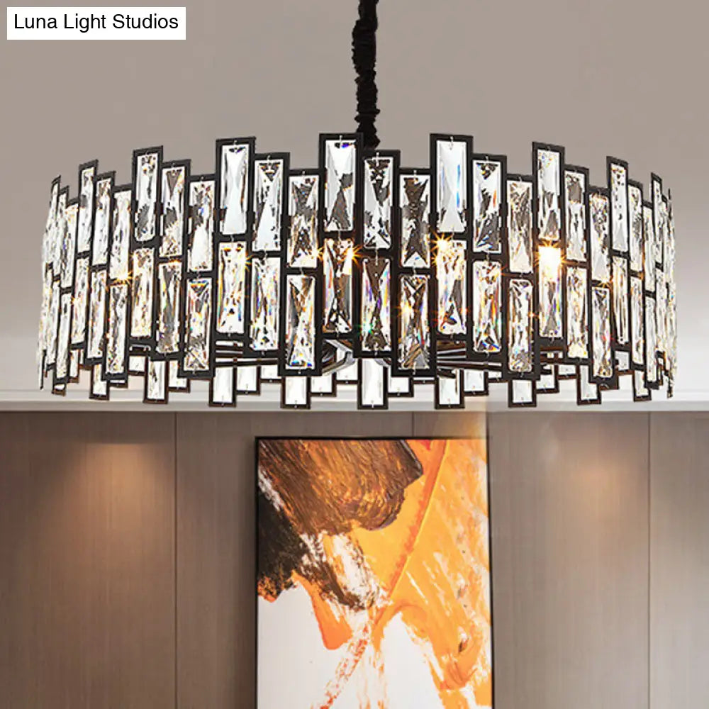 Beveled Crystal Pendant Light - Drum Shape Minimalist Black Chandelier For Living Room