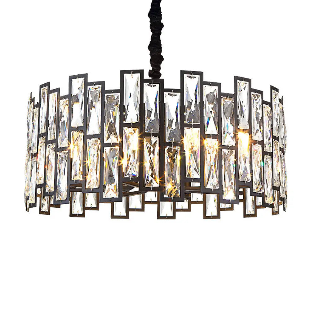 Minimalist Black Crystal Chandelier Pendant Light For Living Room - Drum Shaped Beveled Design /