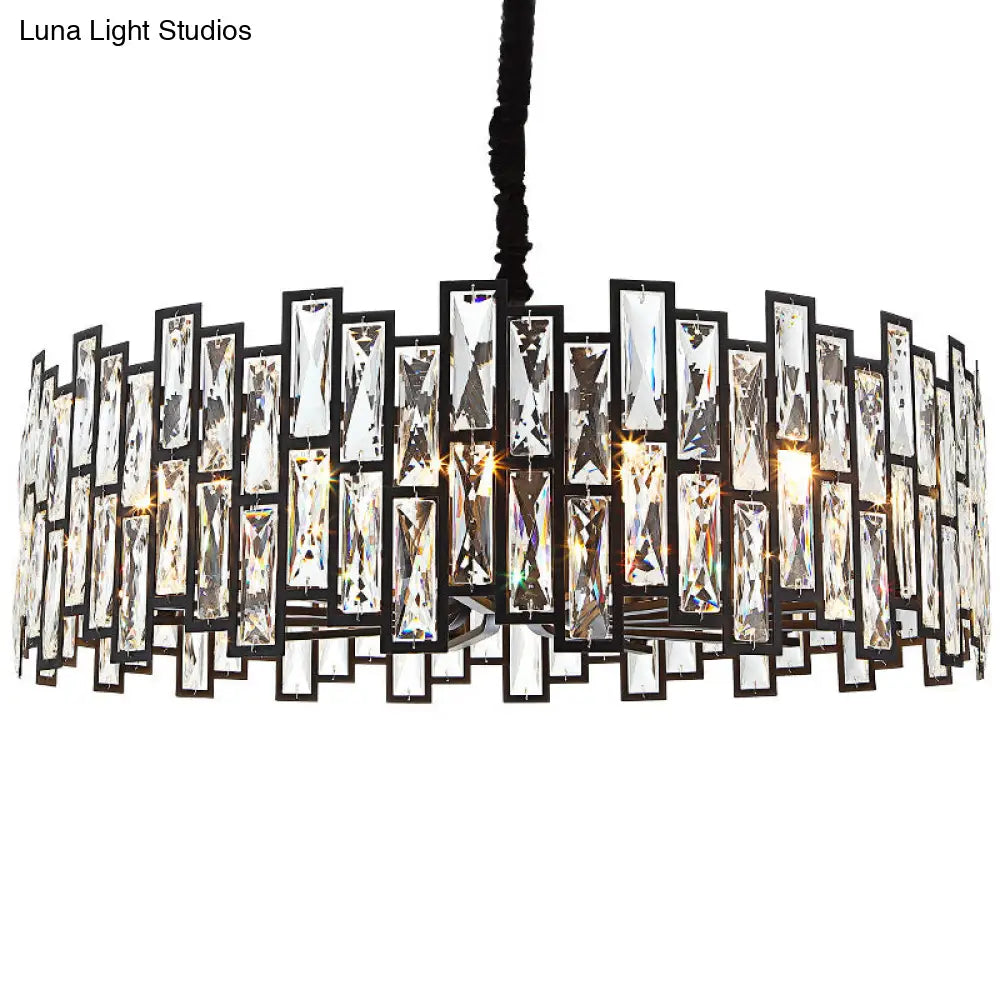 Beveled Crystal Pendant Light - Drum Shape Minimalist Black Chandelier For Living Room / 39.5