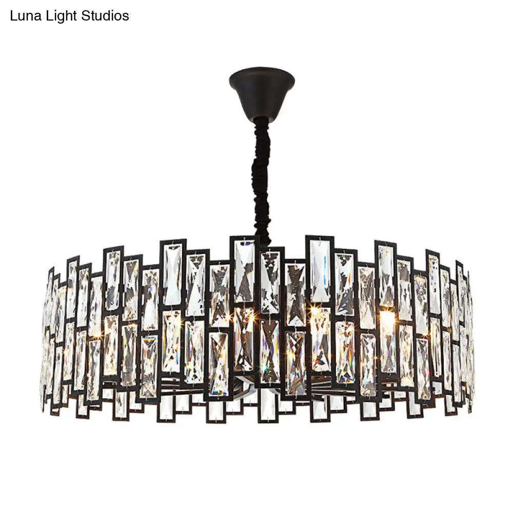 Beveled Crystal Pendant Light - Drum Shape Minimalist Black Chandelier For Living Room