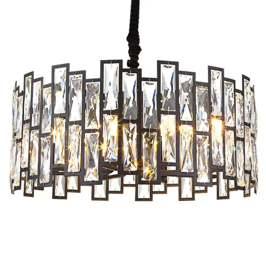 Minimalist Black Crystal Chandelier Pendant Light For Living Room - Drum Shaped Beveled Design /