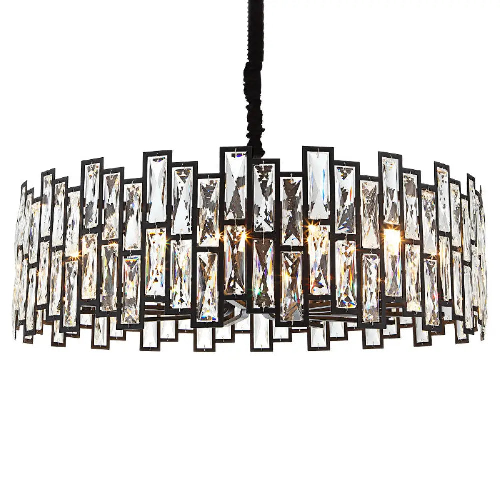 Minimalist Black Crystal Chandelier Pendant Light For Living Room - Drum Shaped Beveled Design /