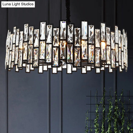 Beveled Crystal Pendant Light - Drum Shape Minimalist Black Chandelier For Living Room