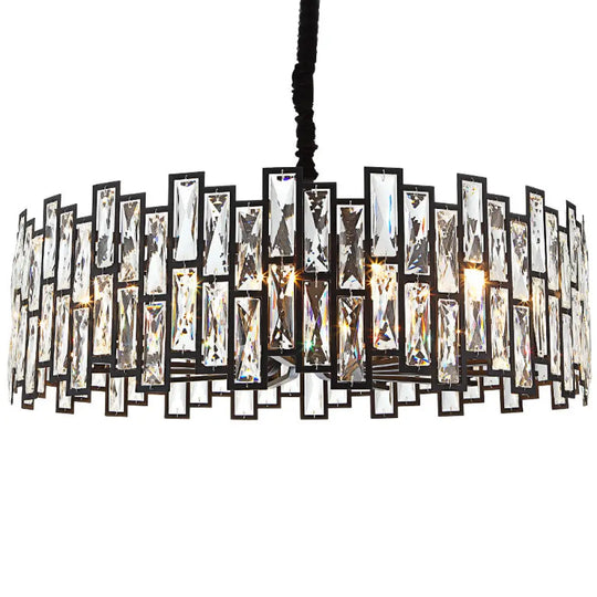 Minimalist Black Crystal Chandelier Pendant Light For Living Room - Drum Shaped Beveled Design /