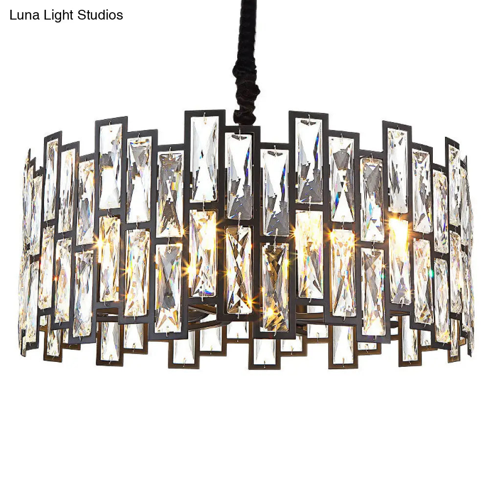 Beveled Crystal Pendant Light - Drum Shape Minimalist Black Chandelier For Living Room / 23.5