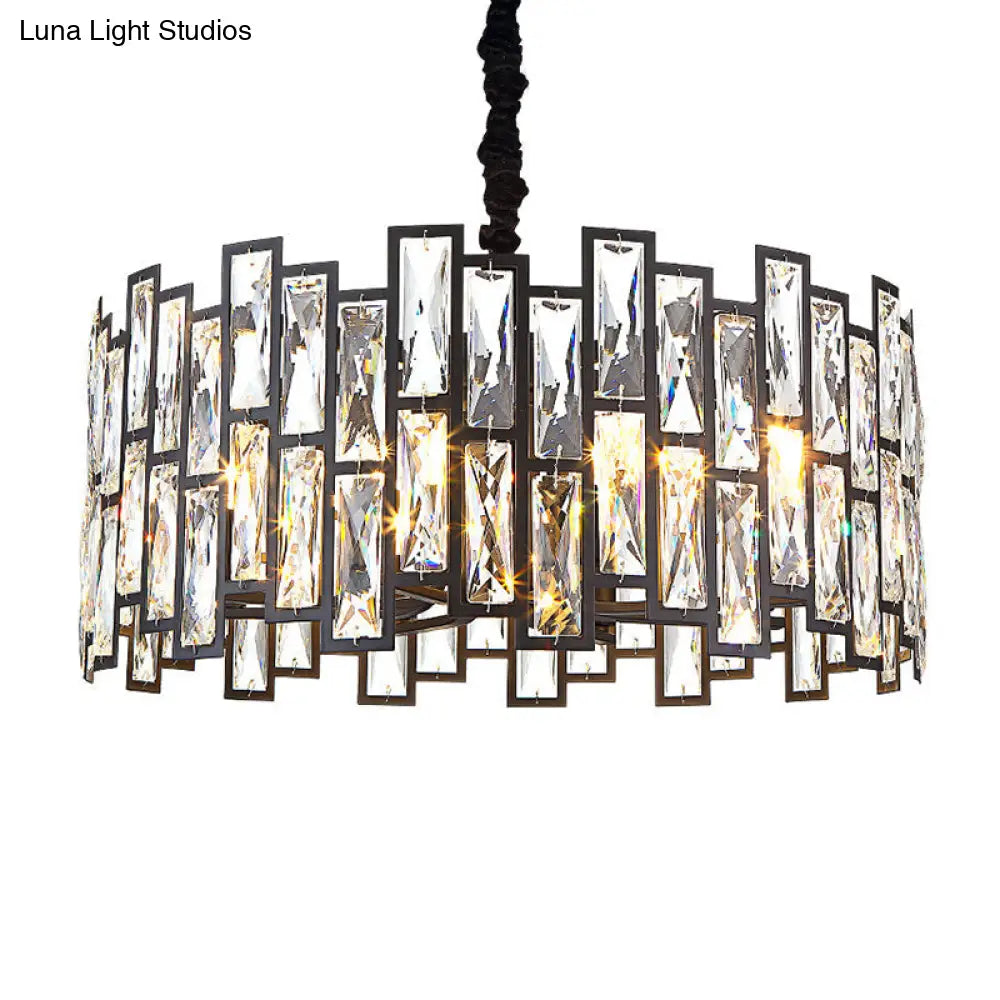 Beveled Crystal Pendant Light - Drum Shape Minimalist Black Chandelier For Living Room / 19.5