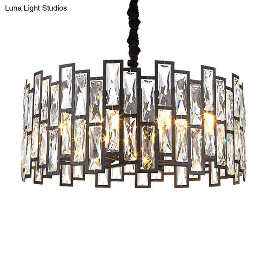 Beveled Crystal Pendant Light - Drum Shape Minimalist Black Chandelier For Living Room / 19.5