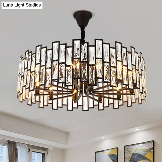 Beveled Crystal Pendant Light - Drum Shape Minimalist Black Chandelier For Living Room