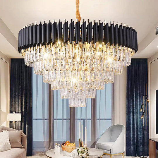 Minimalist Black Crystal Layered Living Room Chandelier Light Fixture / Large Round