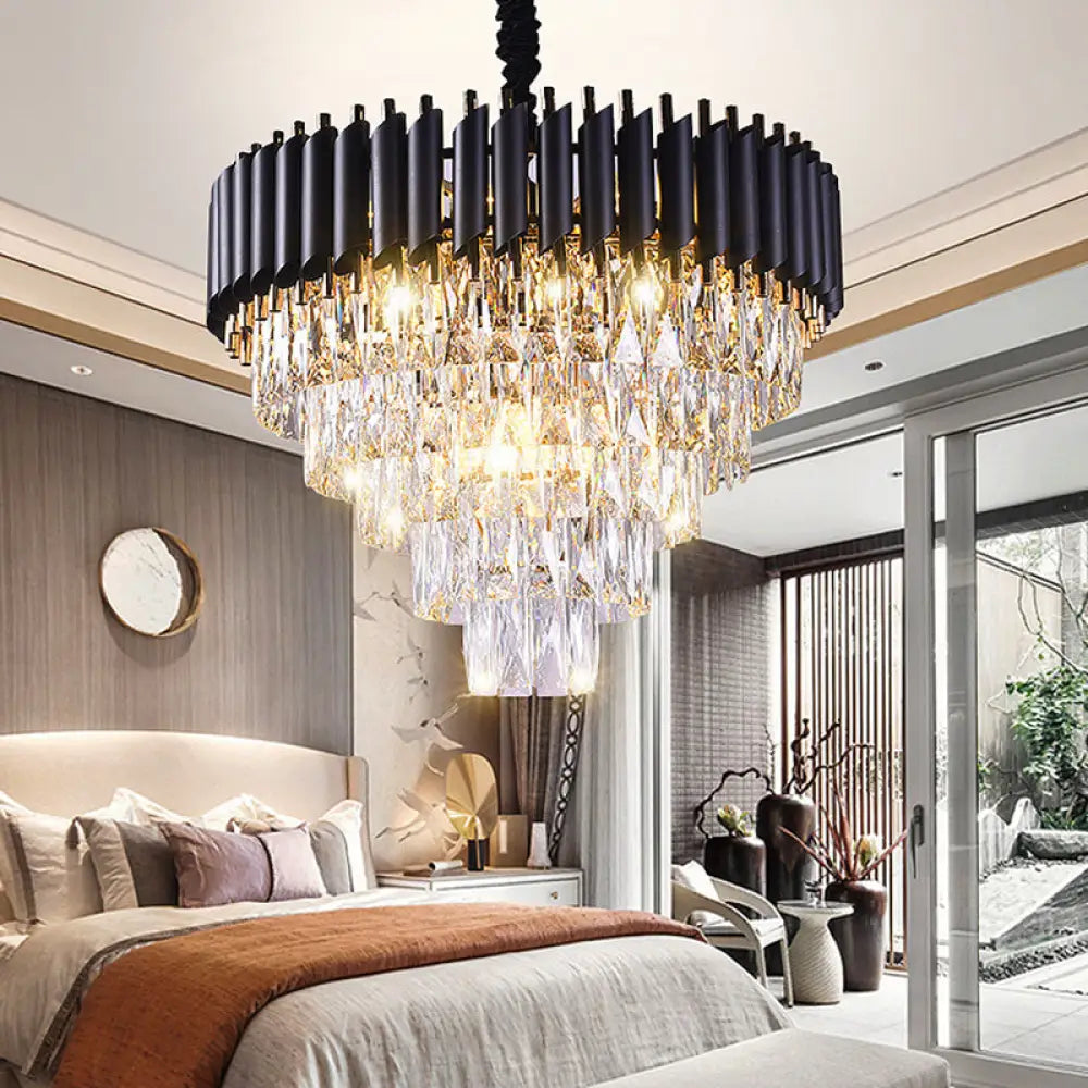 Minimalist Black Crystal Layered Living Room Chandelier Light Fixture / Medium Round