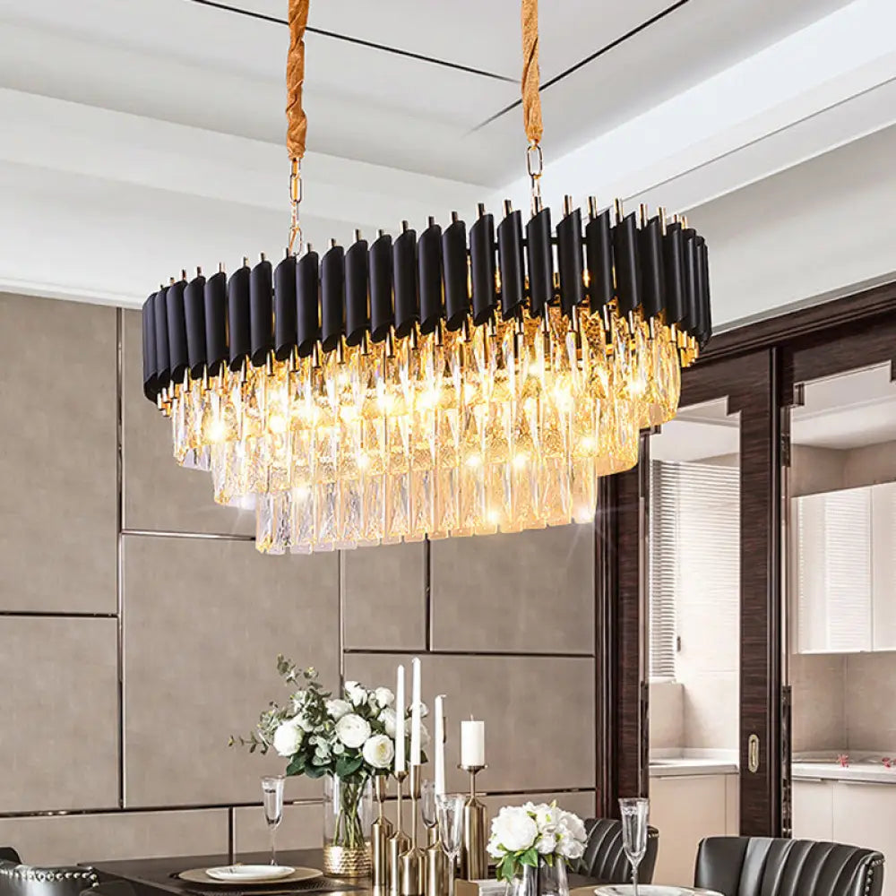 Minimalist Black Crystal Layered Living Room Chandelier Light Fixture / Small Oval