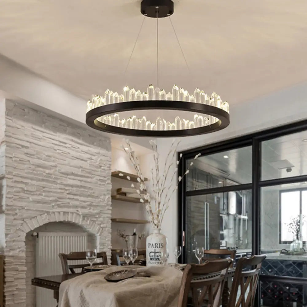 Minimalist Black Crystal Ring Led Ceiling Pendant Light Kit - Ideal For Living Room