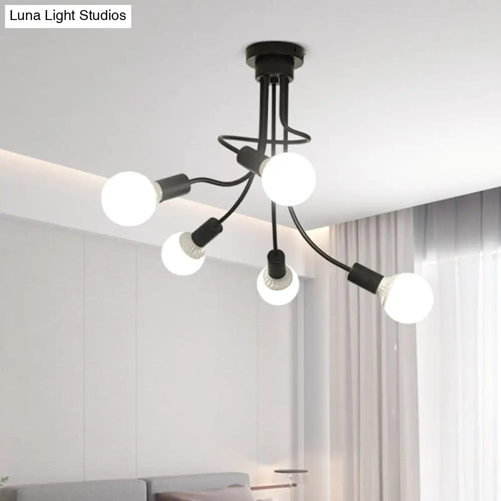 Minimalist Black Curved Arm Semi Flush Mount Light 3/5 Bulbs Iron Ceiling Lamp