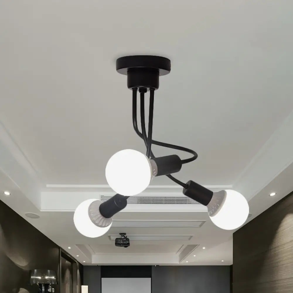 Minimalist Black Curved Arm Semi Flush Mount Light 3/5 Bulbs Iron Ceiling Lamp 3 /