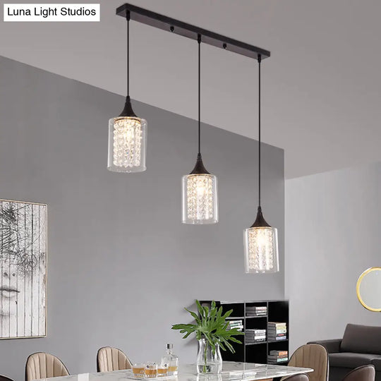 Minimalist Black Cylinder Pendant Light With 3 Clear Glass Shades And Linear/Round Canopy