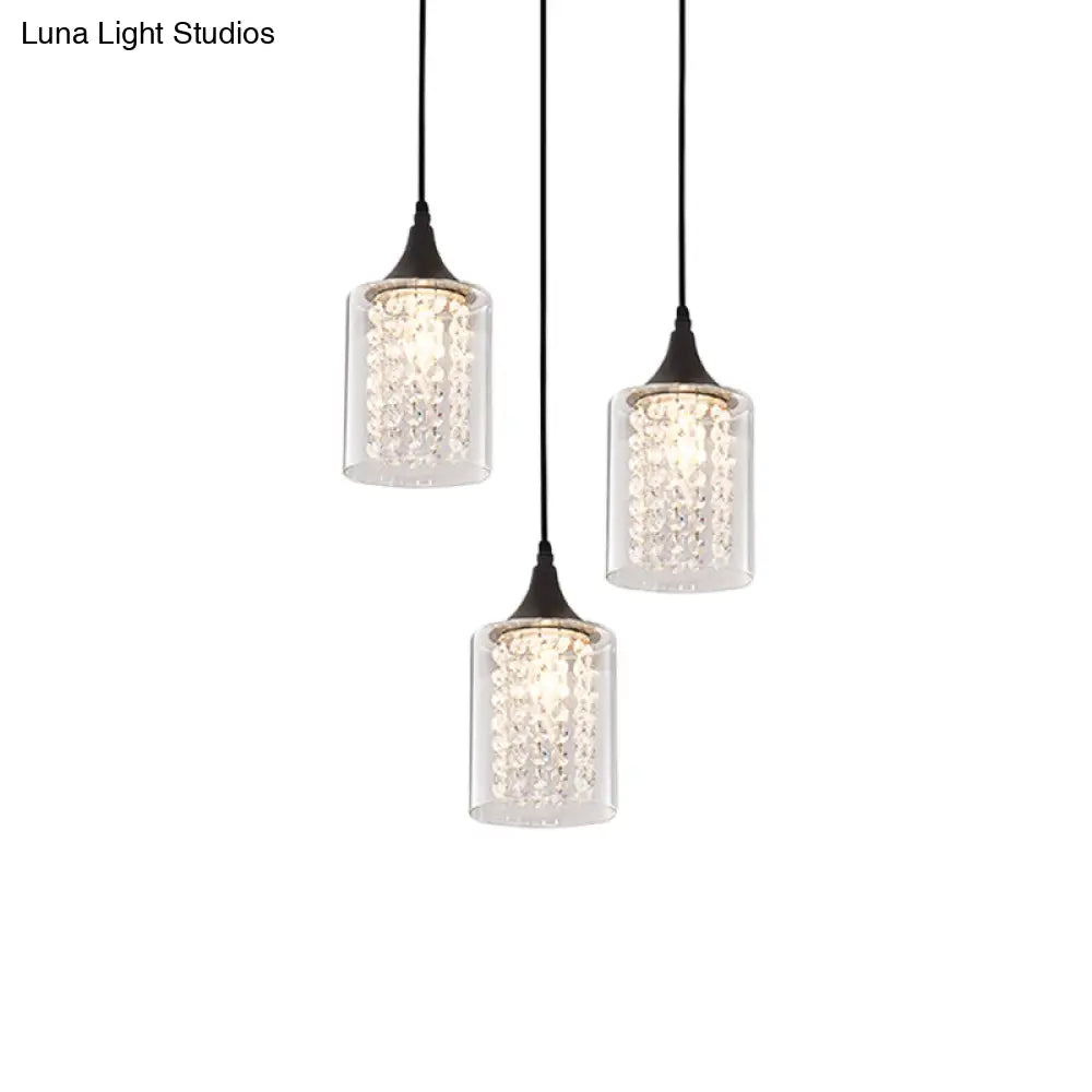 Minimalist Black Cylinder Pendant Light With 3 Clear Glass Shades And Linear/Round Canopy