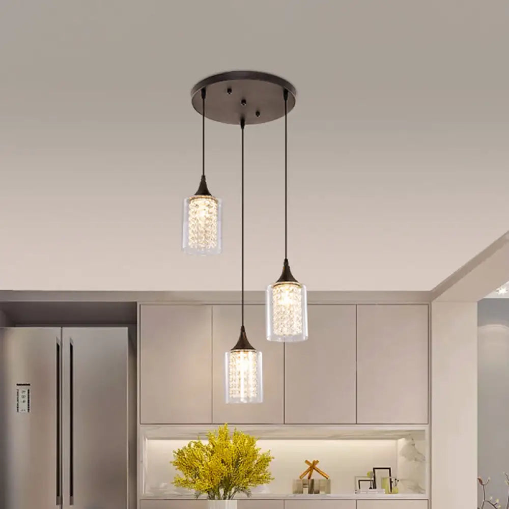 Minimalist Black Cylinder Pendant Light With 3 Clear Glass Shades And Linear/Round Canopy / Round