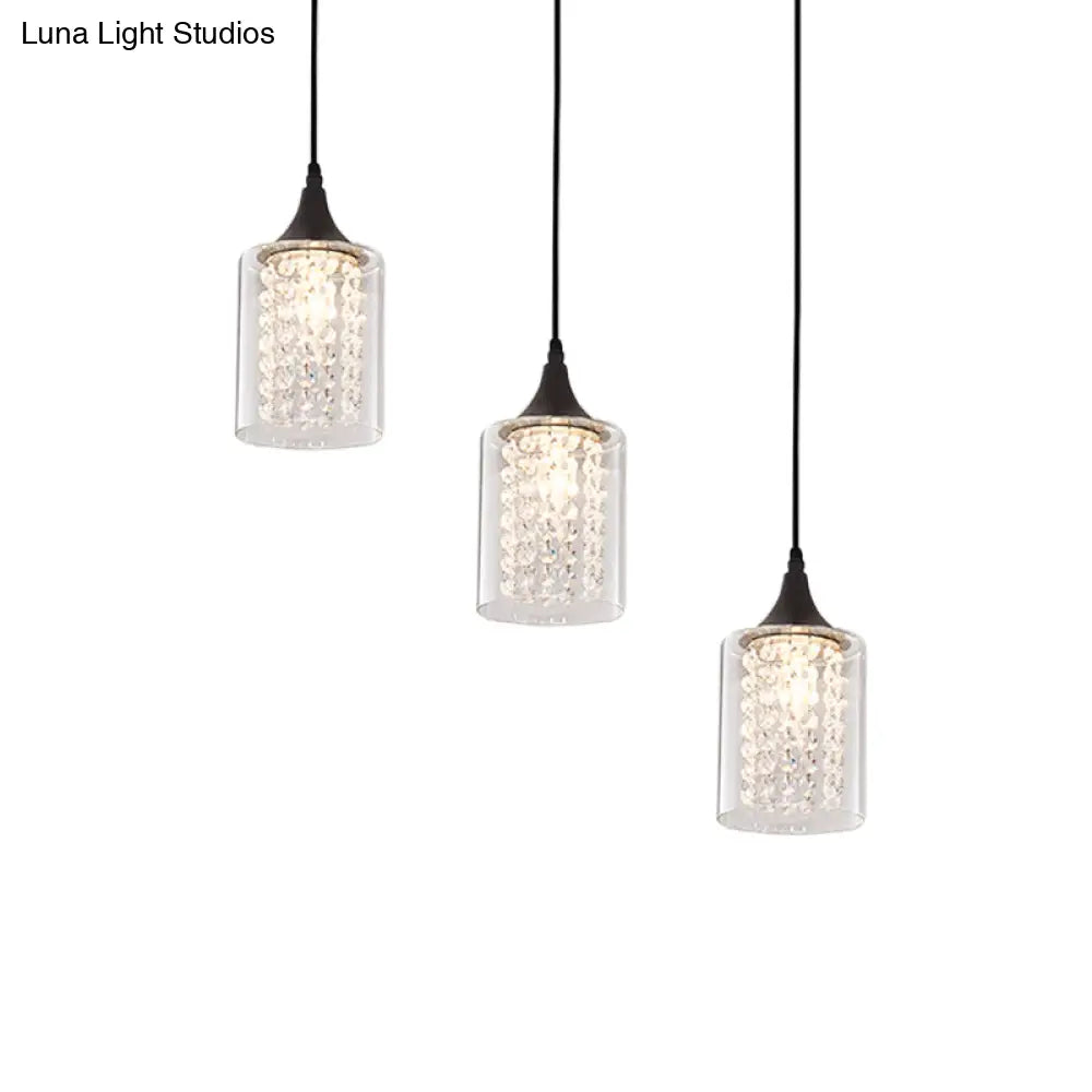 Minimalist Black Cylinder Pendant Light With 3 Clear Glass Shades And Linear/Round Canopy