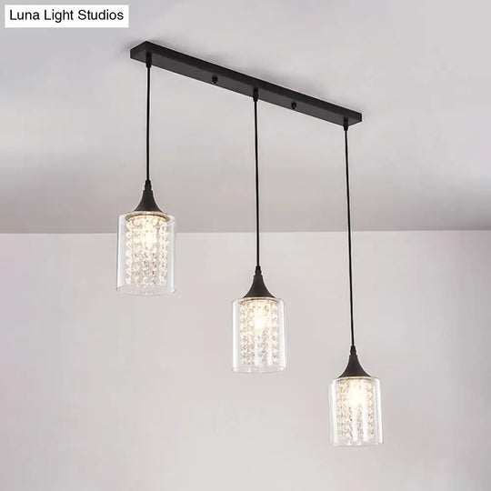 Minimalist Black Cylinder Pendant Light With 3 Clear Glass Shades And Linear/Round Canopy