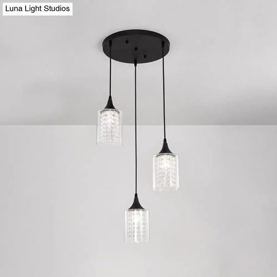 Minimalist Black Cylinder Pendant Light With 3 Clear Glass Shades And Linear/Round Canopy