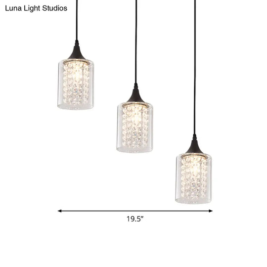 Minimalist Black Cylinder Pendant Light With 3 Clear Glass Shades And Linear/Round Canopy