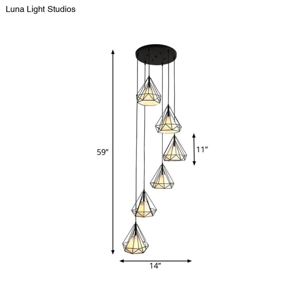 Black Diamond Cage Multi-Pendant Metal Light Kit - 6 Lights & Inner Fabric Shade Great For Corridors