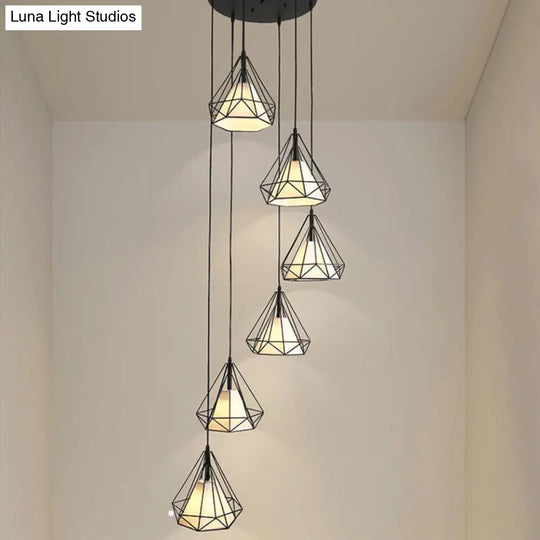 Black Diamond Cage Multi-Pendant Metal Light Kit - 6 Lights & Inner Fabric Shade Great For Corridors