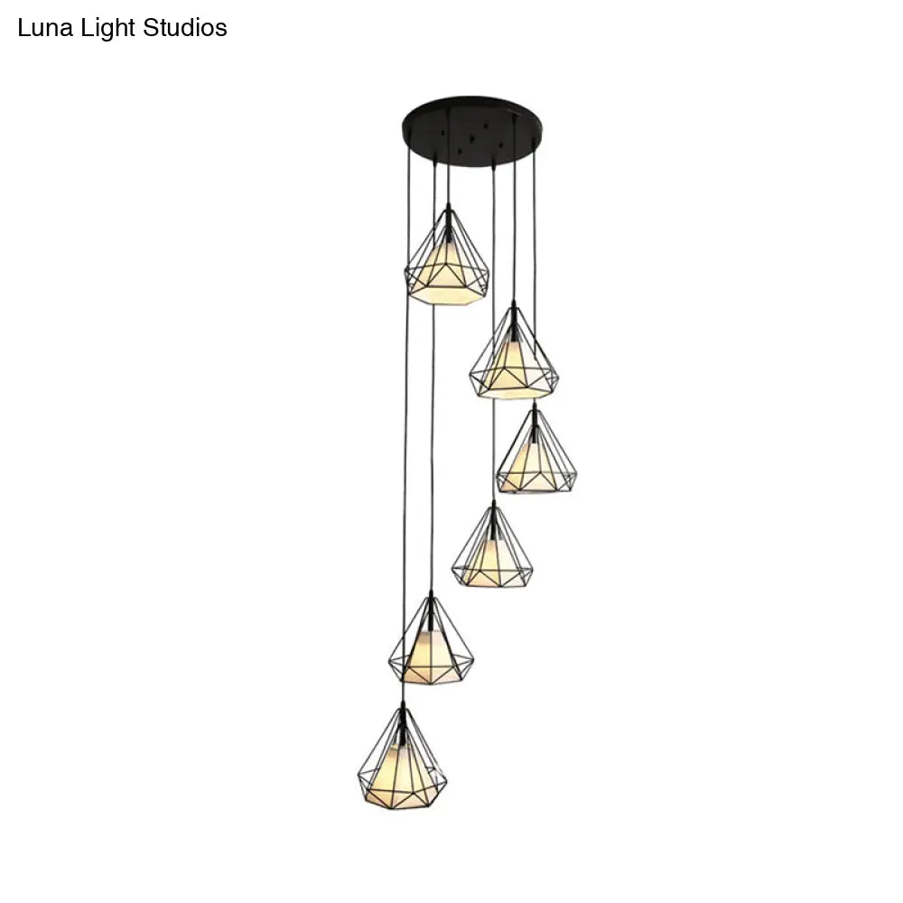 Minimalist Black Diamond Cage Pendant Light Kit With 6 Inner Fabric Shades: Versatile Corridor