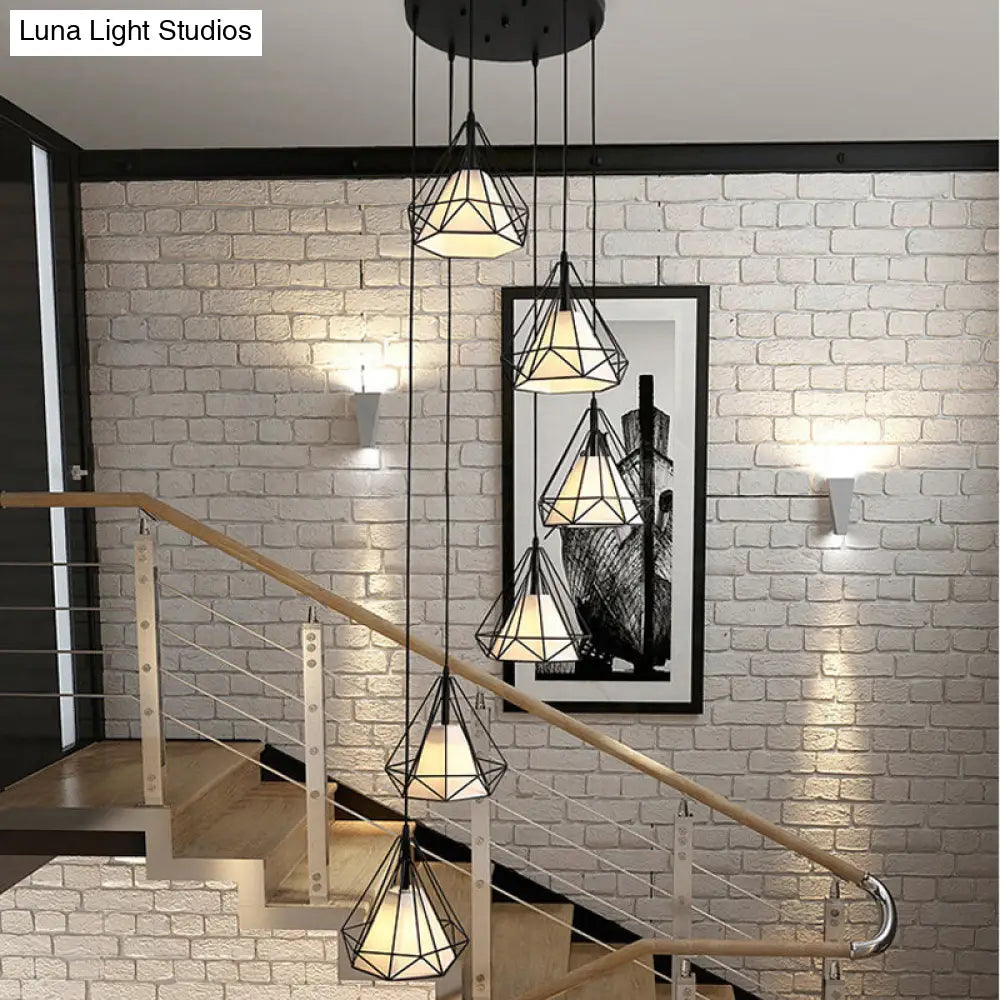 Black Diamond Cage Multi-Pendant Metal Light Kit - 6 Lights & Inner Fabric Shade Great For Corridors