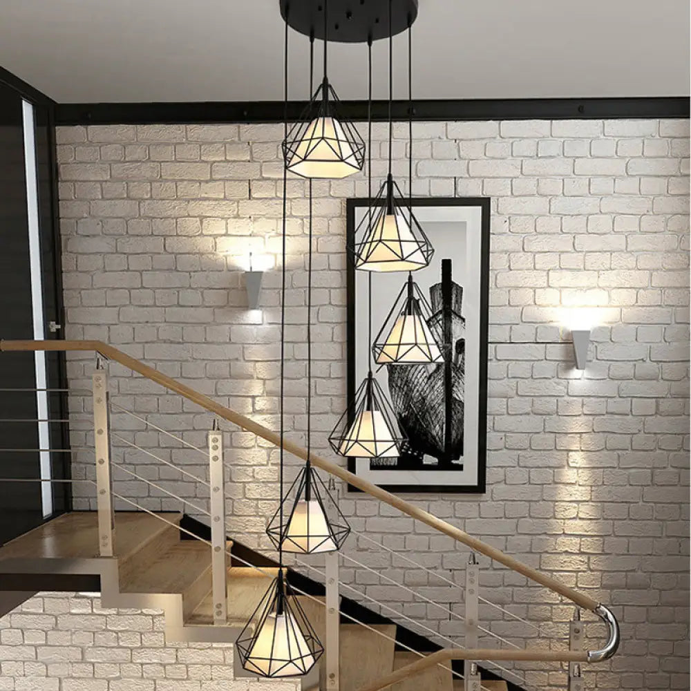 Minimalist Black Diamond Cage Pendant Light Kit With 6 Inner Fabric Shades: Versatile Corridor