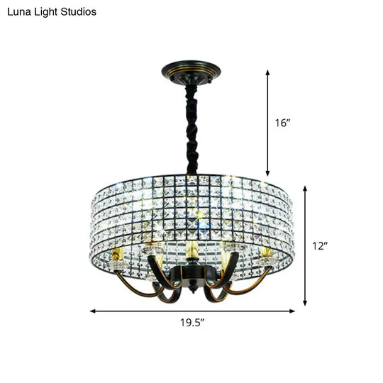 Minimalist Black Drum Chandelier Pendant Light With Crystal Embellishments - 6-Light Dining Room