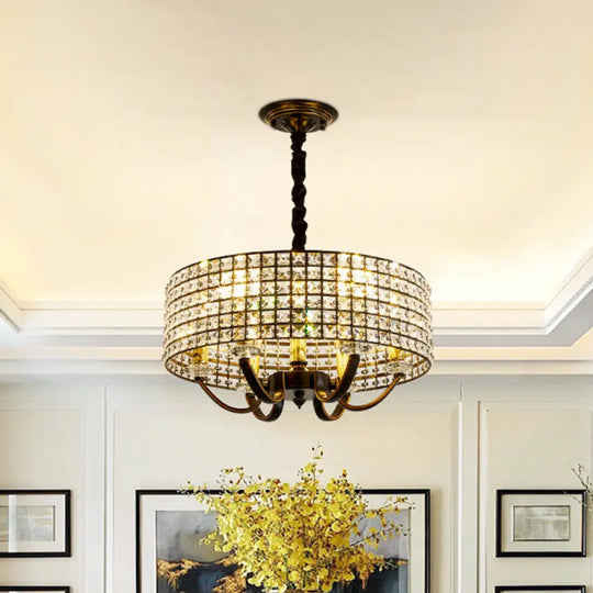 Minimalist Black Drum Chandelier Pendant Light With Crystal Embellishments - 6-Light Dining Room