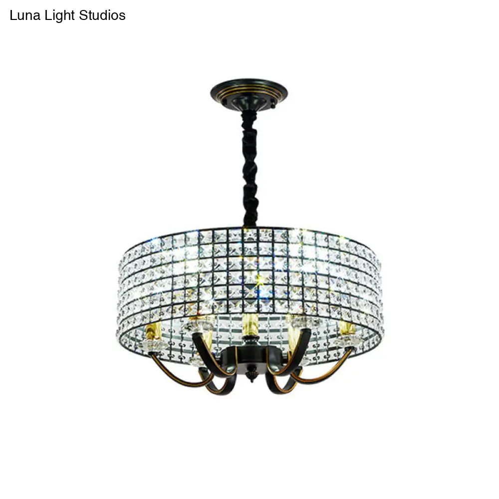 Minimalist Black Drum Chandelier Pendant Light With Crystal Embellishments - 6-Light Dining Room