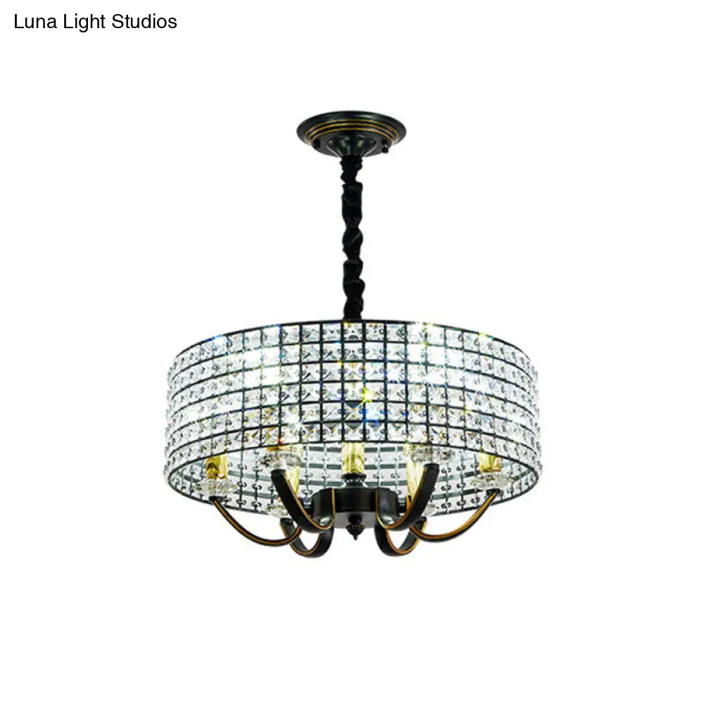 Minimalist Crystal Drum Chandelier Pendant Light Elegant 6-Light Dining Room Hanging Lamp Black