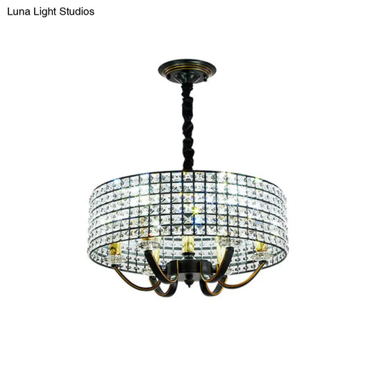 Minimalist Crystal Drum Chandelier Pendant Light Elegant 6-Light Dining Room Hanging Lamp Black