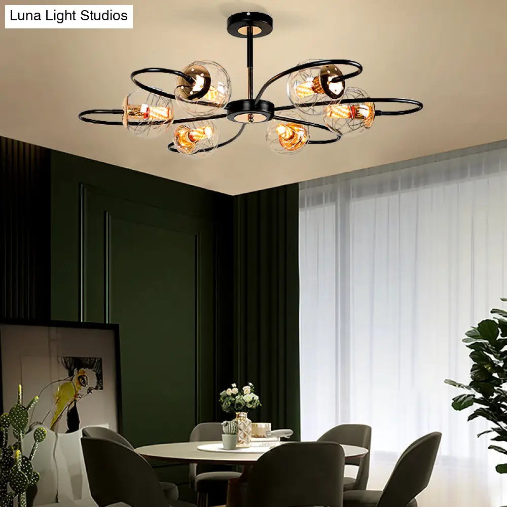 Minimalist Black Floral Swirl Chandelier Pendant Light With Clear Glass Ball For Living Room