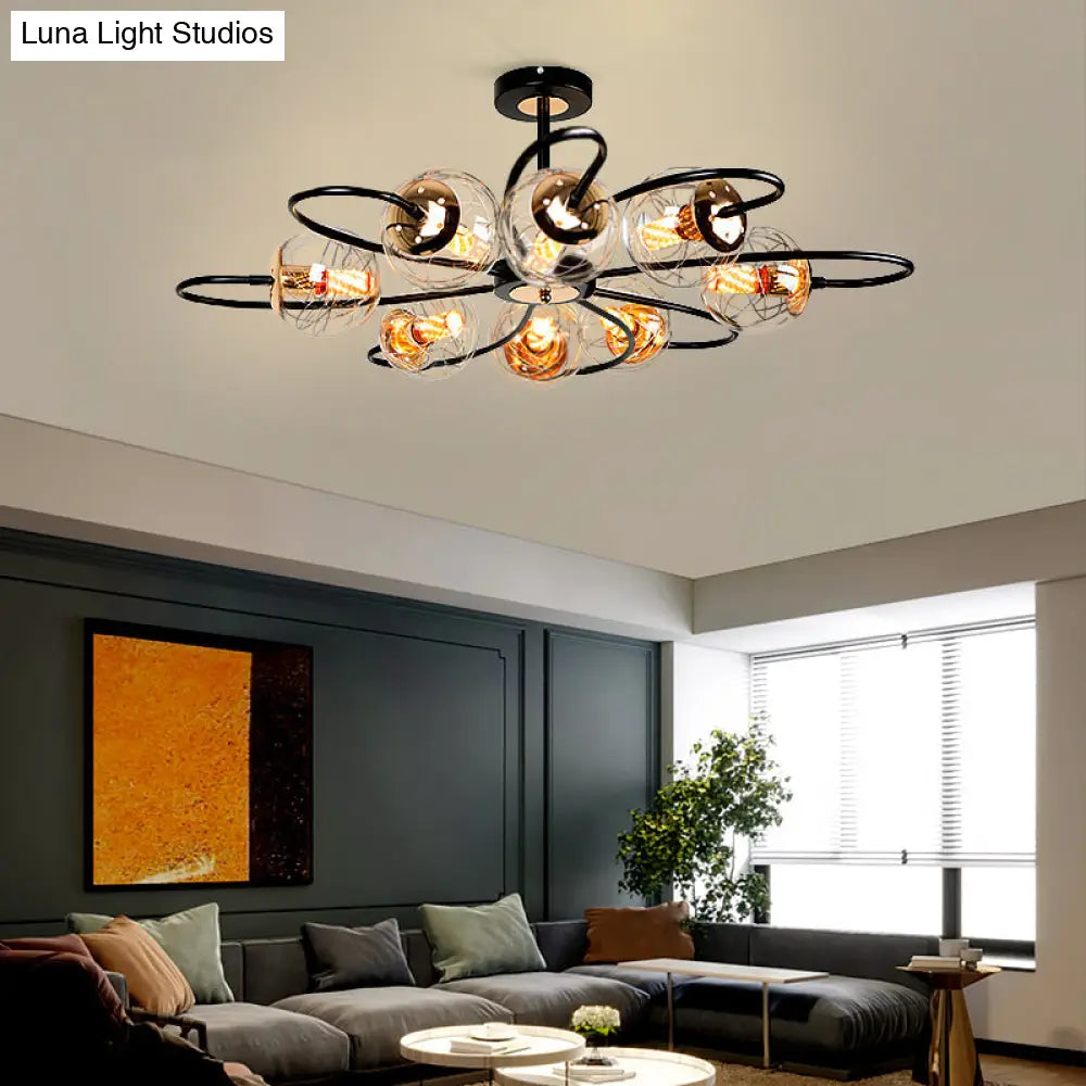 Minimalist Black Floral Swirl Chandelier Pendant Light With Clear Glass Ball For Living Room