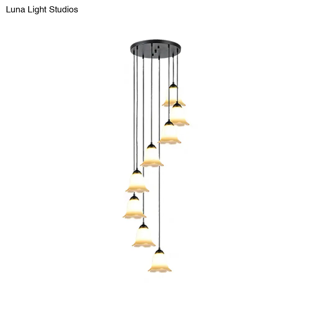 Black Minimalist Flower Stairs Multi-Pendant Light With Frosted Glass And Round Canopy