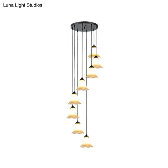 Black Minimalist Flower Stairs Multi-Pendant Light With Frosted Glass And Round Canopy