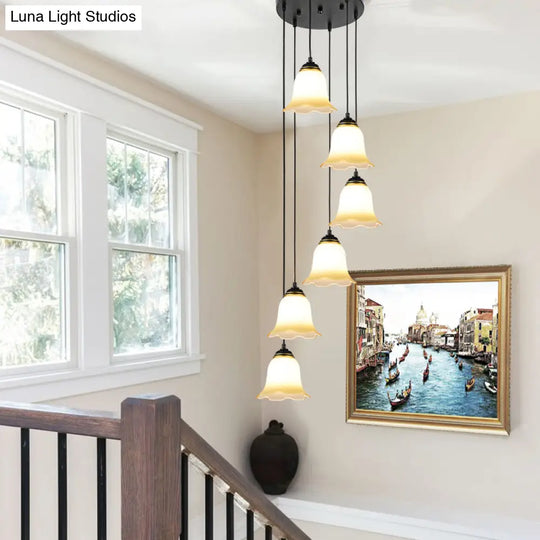 Black Minimalist Flower Stairs Multi-Pendant Light With Frosted Glass And Round Canopy 6 /