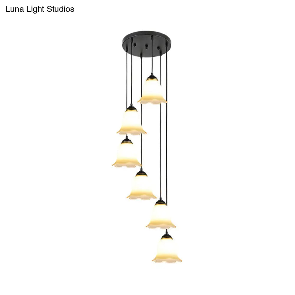 Minimalist Black Flower Stairs Pendant Light With Frosted Glass And Round Canopy