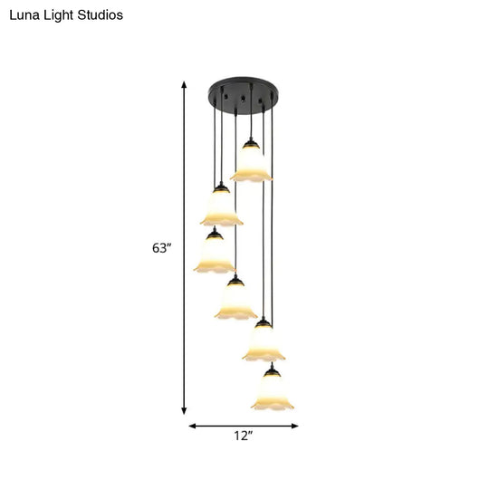 Black Minimalist Flower Stairs Multi-Pendant Light With Frosted Glass And Round Canopy