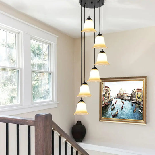 Minimalist Black Flower Stairs Pendant Light With Frosted Glass And Round Canopy 6 /